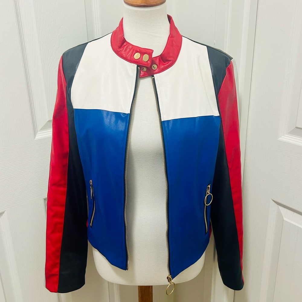 COLORBLOCK FAUX LEATHER MOTO JACKET